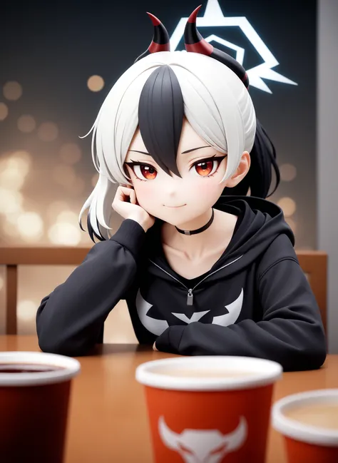 1girl, kayoko (blue archive), solo, black hair, white hair, red eyes, horns, multicolored hair, smile, hood, choker, halo, looking at viewer, long sleeves, ponytail, hair between eyes, cup, hoodie, closed mouth, black choker, black hoodie, two-tone hair, i...