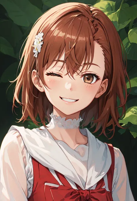 best quality, masterpiece, highres, solo, (misaka_mikoto_bluearchive:1.10), smile, happy, one eye closed, portrait, looking at viewer, 43 <lora:misaka_mikoto_bluearchive:0.80>