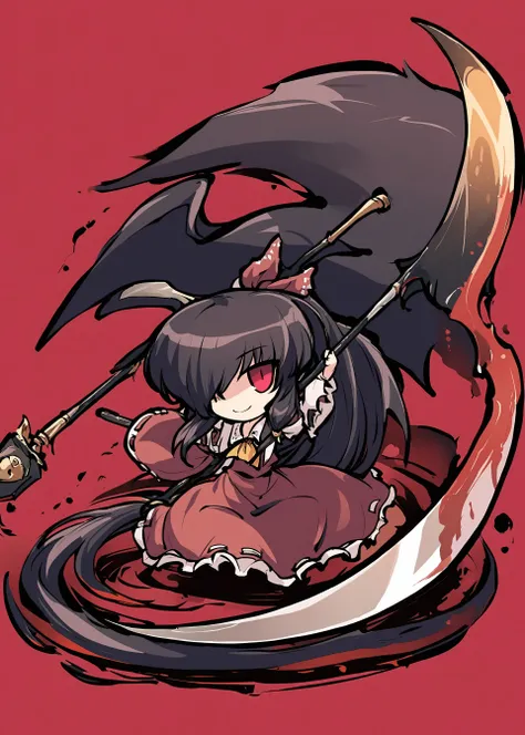 1girl,tokiame,ink,
Hakurei Reimu, touhou,
holding scythe, holding weapon, full body, empty eyes, wings, weapon, black wings, long hair, red eyes, very long hair, holding, hair over one eye, chibi, black hair, simple background, red pupils, red background, ...