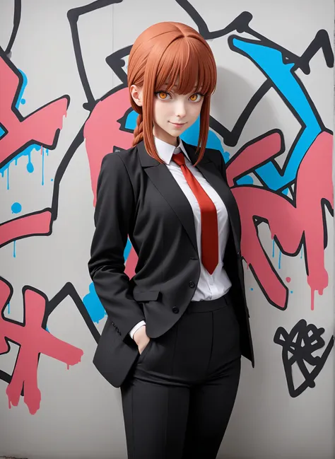 1girl, makima, chainsaw man, formal suite, black suit, red necktie, looking at viewer, leaning against the wall, smile, urban, hand on pocket, building, graffity, building, shadow, masterpiece, best quality, very aesthetic, absurdres,