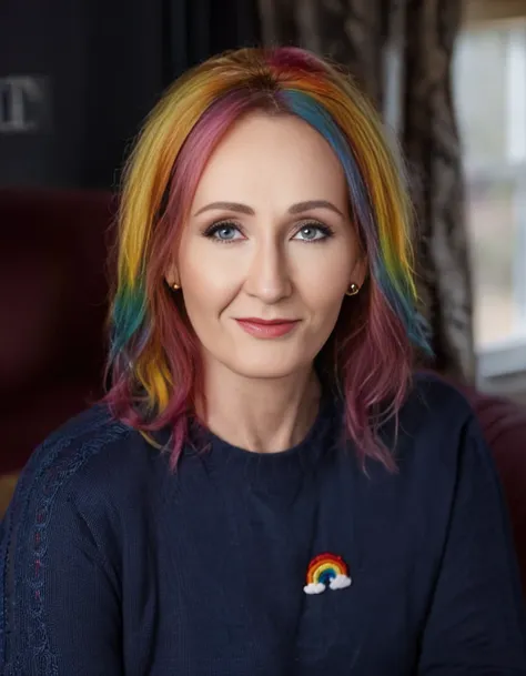 cinematic film still JK Rowling with rainbow hair, pride outfit, photo shoot, lgbtq sweater <lora:JK Rowling:1.0> . shallow depth of field, vignette, highly detailed, high budget, bokeh, cinemascope, moody, epic, gorgeous, film grain, grainy