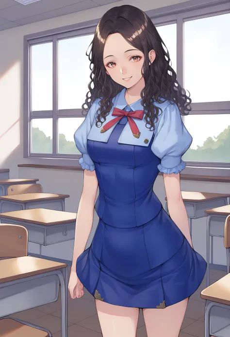 1girl, solo, cowboy shot, (classroom:1.2), sky, window, smile, 
motoki_sanae, brown eyes, black hair, long hair, wavy hair, school uniform, ribbon, blue shirt, collared shirt, short sleeves, puffy sleeves, blue skirt,  <lora:motoki_sanae_pony_ver1:0.7>, sc...