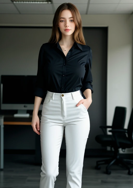 full body shot of business photo of makoshake,<lora:makoshake:1>,, pants, black attire, big breasts, collared shirt, tucked shirt. Professional attire, workplace setting, confident. Whole outfit, clear, sharp, balanced