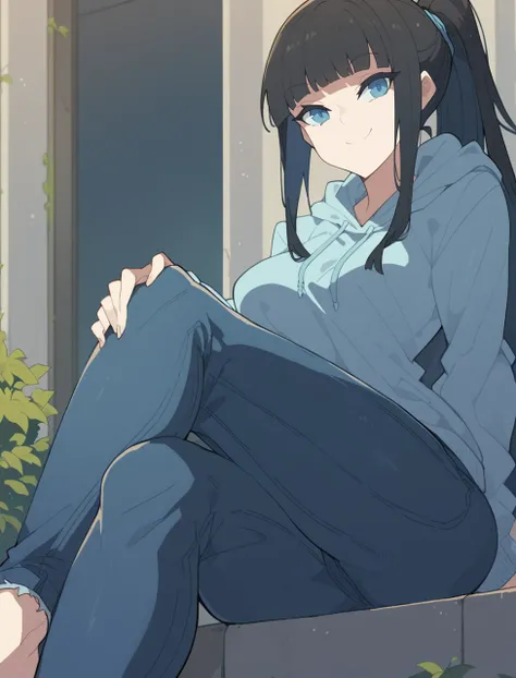 score_9, score_8_up, score_7_up, score_6_up, <lora:kakure_eriaV2:1>,
1girl, black hair, blunt bangs, sidelocks, ponytail, smile, hoodie, jeans, sitting, crossed legs, looking at viewer, blue eyes,