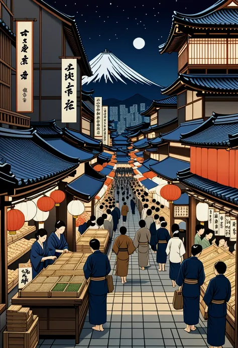 Ukiyo-e: A bustling nighttime scene of a Japanese market, inspired by Hokusai.