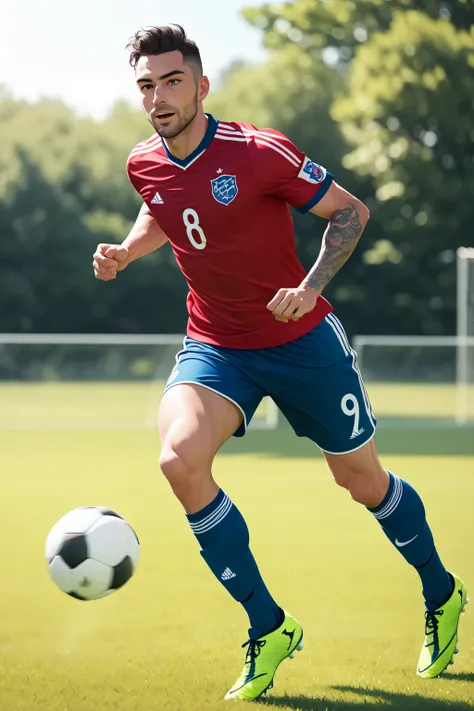 handsome man wearing a vintage soccer uniform, jersey, shorts, socks, cleets, running on a soccer grass, soccer ball, backlighting, sparkles, digital colors, vibrant picture, perfect design, masterpiece, highres, detailed picture, detailed face, detailed e...