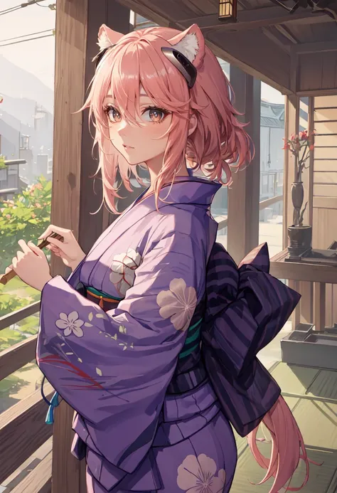 best quality, masterpiece, highres, solo, (gravel_arknights:1.10), (yukata:1.30), (kimono:1.15), 25 <lora:gravel_arknights:0.80>