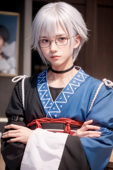 masterpiece, best quality,<lora:MorichikaRinnosuke:1>,
1boy, morichika rinnosuke, male focus, solo, yellow eyes, glasses, long sleeves, choker, white hair, crossed arms, signature, upper body, looking at viewer