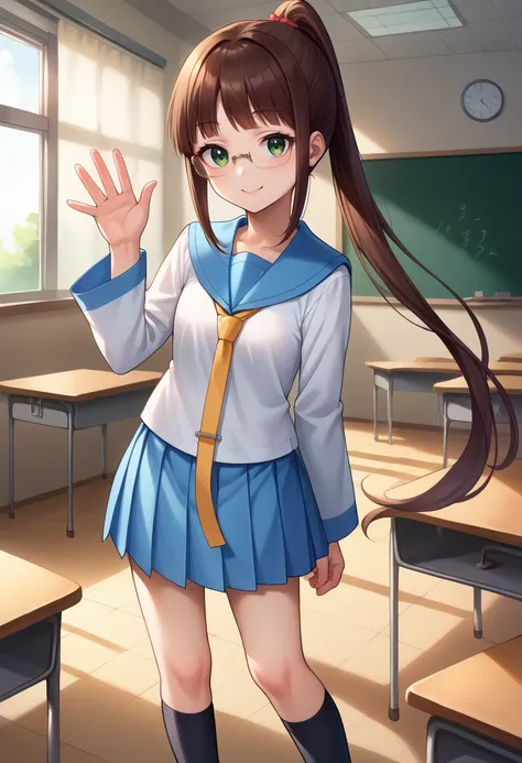 score_9, score_8_up, source_anime, 1girl, RuriMiyamoto, brown hair, bangs, very long hair, ponytail, green eyes, glasses, serafuku, long sleeves, blue sailor collar, yellow necktie, blue skirt, kneehighs, black socks, smile, indoors, classroom, waving at v...