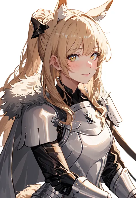 best quality, masterpiece, highres, solo, (blemishine_arknights:1.10), 1girl, closed mouth, fur trim, looking at viewer, simple background, white background, breastplate, upper body, smile, cape, plate armor, sidelocks, black gloves, blush, 0 <lora:blemish...