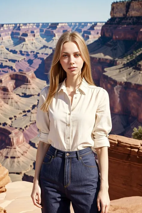 European woman, full_body , sandals, (shirt), pants, (grand canyon), (ZM_aurora: 1.1), wide shoulders, perfect face, (contact iris: 1.1), pale skin, skin pores , depth of field