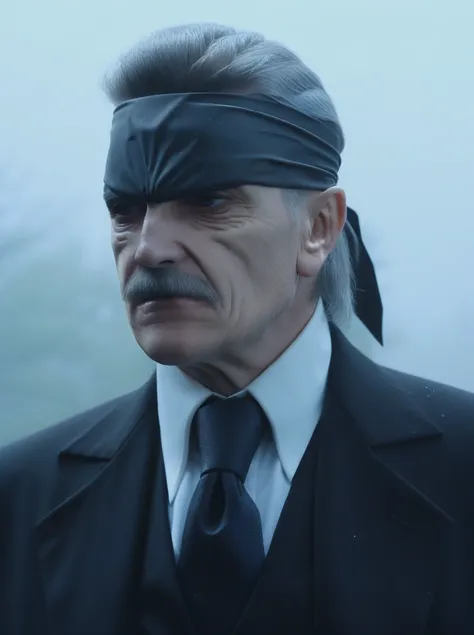 old man, suit, grey moustache, mullet, bandanna, closeup film still cinestill, at graveyard, misty, foggy, cinematic, wearing black suit and tie, full body <lora:solid_snake:1>