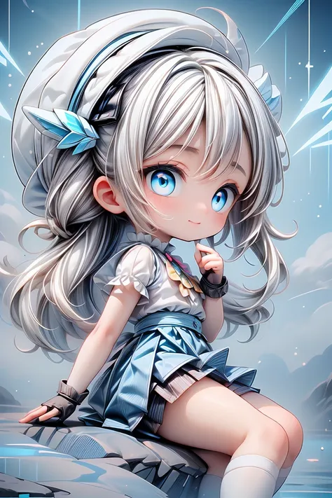 (blue_theme, water_scenery:1.2), absurdres, highres, (official art, thunder, beautiful and aesthetic:1.2), best_quality, masterpiece, 1girl, badass, (faint_smile, closed_mouth:1.2), (cute, petite, kawaii:1.4), profile, character_profile, (sitting:1.2), fro...