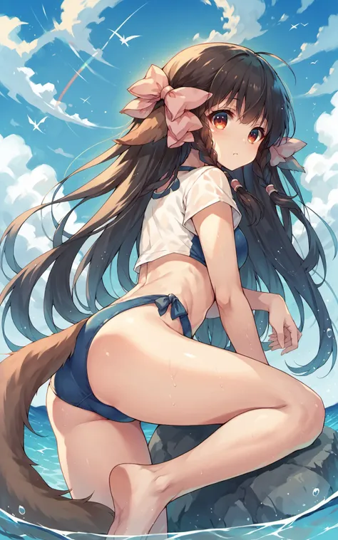 score_9,score_8_up,score_7_up,score_6_up,score_5_up,score_4_up,(source_anime),1girl,<lora:rurutie:0.8>,rurutie (utawarerumono),long hair,twin braids,hair bow,animal ears,tail,blue swimsuit,