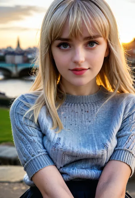 1girl,   Close-up, (beautiful girl, make up), (Age 25), (happy, light blonde hair,  lips, parted bangs, London, England, dusk:1.2), , HD, lens flare, cable knit sweater, pleated skirt, and loafers, looking at viewer, (RAW Photo, cg unity, photography, ultr...