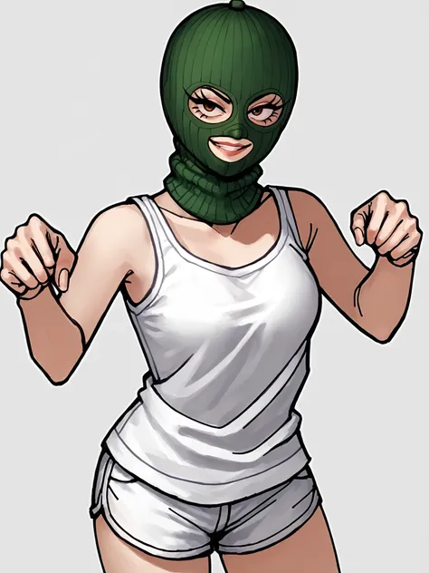 score_9, score_8_up, score_7_up, score_6_up, score_5_up, score_4_up,
BREAK
1girl, green balaclava, brown eyes, long eyelashes, mouth, smug,
BREAK
solo, cowboy shot, white tank top, white sport shorts,
BREAK
white background, dynamic pose, dynamic angle, an...