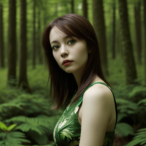 photo of bing style of a female ,green forest   background