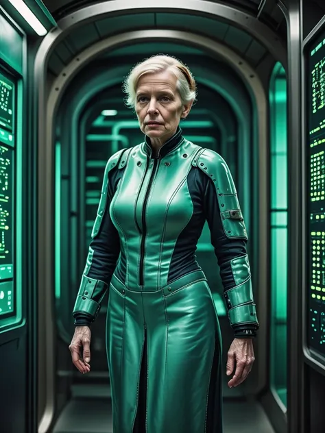 photo focus on close-up,  photograph of a from side, standing(1 elderly mature ((woman)) scientist cyborg:1.1), holding surgical scalpel, charging station technoir style screens, glowing, mechanical parts, screen, beige green teal hospital theme, darksilve...