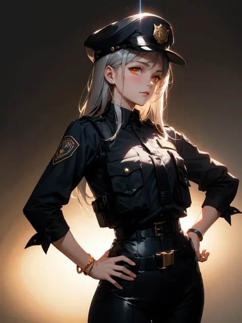 1girl, , black headwear, black pants, black shirt, bracelet, brown background, closed mouth, cowboy shot, gradient background, grey hair, hands on own hips, hat, horns, jewelry, long hair, looking at viewer, official alternate costume, orange eyes, pants, ...