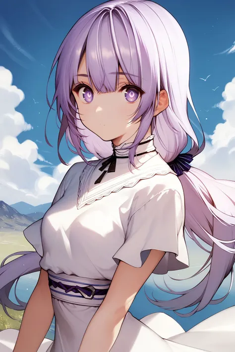 score_9, score_8_up, score_7_up, 1girl, looking at viewer, air quotes, :3, light purple hair, long bangs, low-tied long hair, detailed eyes, small breasts, white clothes, bright, outdoors, straight-on <lora:necomi_PonyXL_style_v02:1>