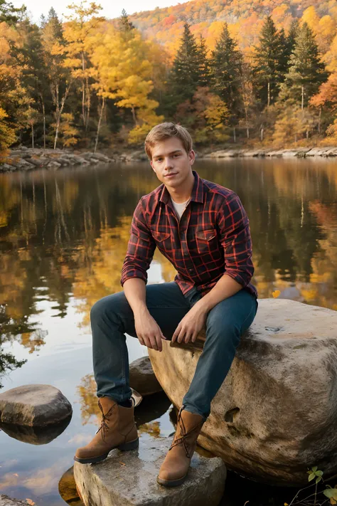 edge of a tranquil lake, forested hill in background, fall foliage, ((sitting on a boulder)), LiamPhoenix, wearing flannel shirt, jeans, boots, cinematic lighting, ambient lighting, (((full body portrait))), wide angle,  <lora:LiamPhoenix:0.8>