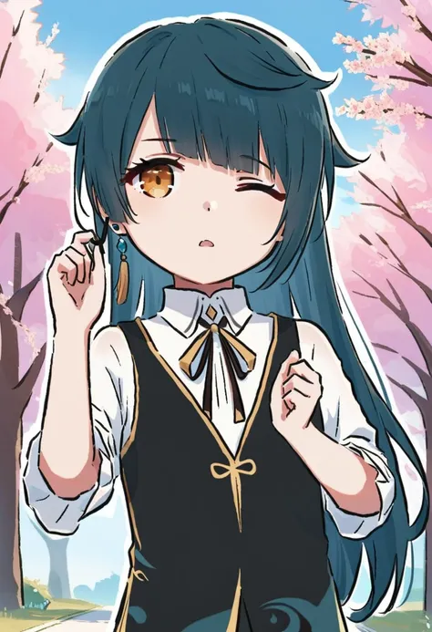 1girl,genderswap (mtf),xingqiu (genshin impact),;o, blush, hand up, looking at viewer, lying, on back, one eye closed, parted lips, solo,collared shirt, earbuds, school uniform, shirt, white shirt,blue sky, blurry, blurry background, cherry blossoms, day, ...