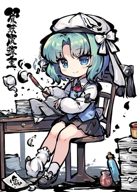 1girl,tokiame,ink,
shiki eiki,
ink, crumpled paper, white bow, blush stickers, white socks, full body, skirt, short hair, crossed ankles, ribbon, footwear bow, socks, paintbrush, shoe dangle, blue vest, chair, blush, hat, miniskirt, long sleeves, chibi, sl...