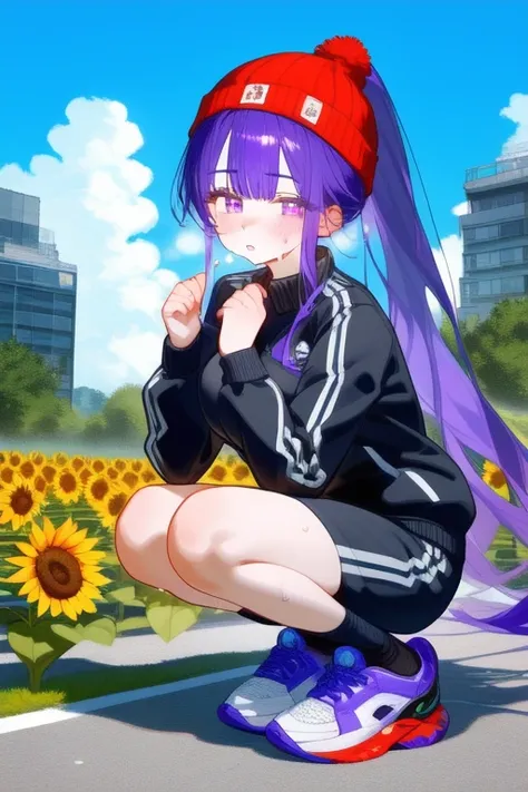 <lora:nai3-style:1>,sunflower, raiden shogun, purple hair, multiple girls, long hair, purple eyes, jacket, outdoors, hat, breasts, squatting, flower, very long hair, pants, large breasts, bangs, track jacket, ponytail, 2girls, shorts, blush, clenched hands...