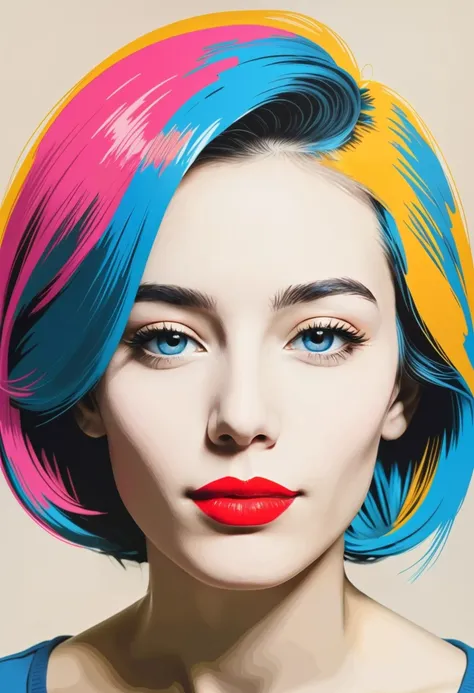 Pop Art: A portrait of a woman with exaggerated features, reimagined in the style of Andy Warhol.