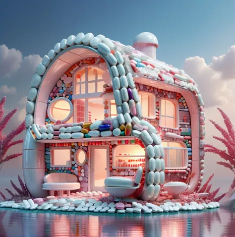 futuristic house with pills, beautiful lighting and framing, a very detailed masterpiece, 3d <lora:pills:1.2>