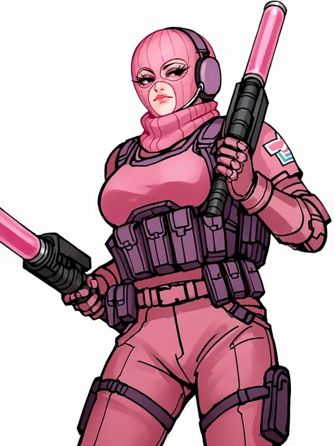 score_9, score_8_up, score_7_up, score_6_up, score_5_up, score_4_up,
BREAK
1girl, pink balaclava, black eyes, long eyelashes, half-closed eyes, mouth,
BREAK
solo, cowboy shot, pink tactical clothes, pink bulletproof vest, large breasts,
BREAK
white backgro...