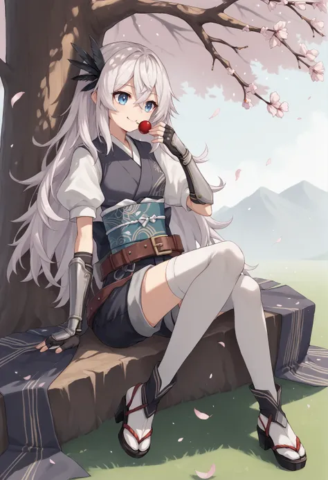 1girl, solo, white hair, long hair, messy hair, blue eyes, feather hair ornament, japanese clothes, white short sleeves, obi, belt, shorts, thighhighs, high heels, gauntlets, fingerless gloves, sitting, holding, onigiri, eating, cherry blossoms, tree, sung...