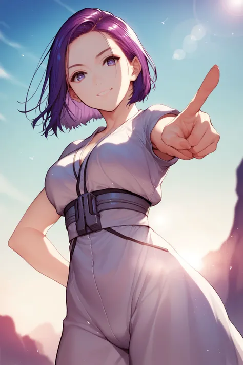 score_9, score_8_up, score_7_up, 1girl, looking at viewer, pointing at self, seductive smile, dark purple hair, widows peak, inverted bob, detailed eyes, medium breasts, silver clothes, lens flare, outdoors, from below <lora:necomi_PonyXL_style_v02:1>