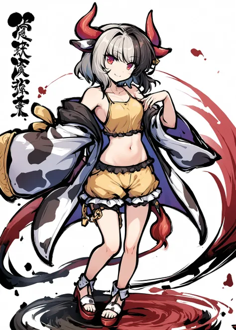 1girl,tokiame,ink,
, split-color hair,navel,haori,two-tone hair,cow horns,red horns,midriff,solo,black hair,red tail,red eyes,cow ears,smile,cow tail,cow print,looking at viewer,grey hair,yellow shorts,bare shoulders,crop top,short hair,sandals,full body,w...