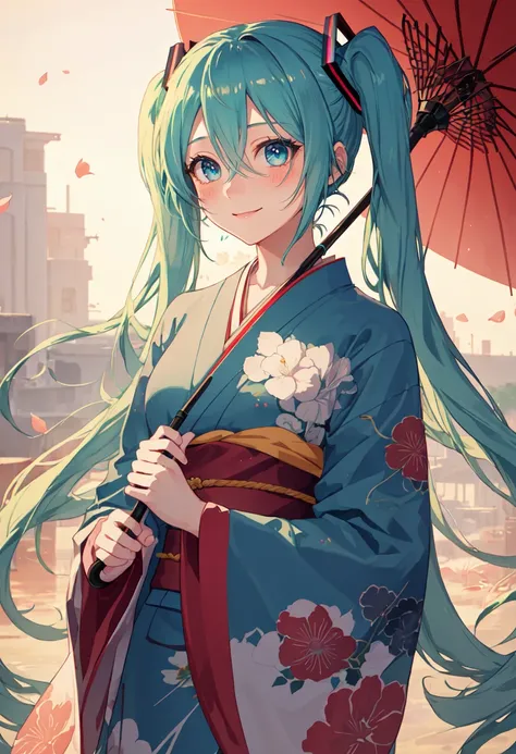 best quality, masterpiece, highres, solo, (hatsune_miku_bluearchive:1.10), 1girl, wide sleeves, long sleeves, looking at viewer, obi, blush, hair flower, smile, holding umbrella, oil-paper umbrella, outdoors, floral print, white kimono, closed mouth, print...