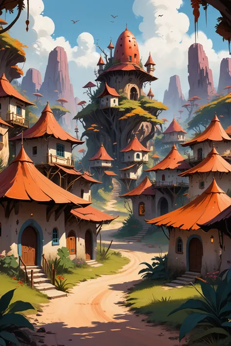 digital painting, whimsical,beautiful fantasy village in a Tropical Dry Forest<lora:EnvyBetterHiresFixXL01:0:hr=1>