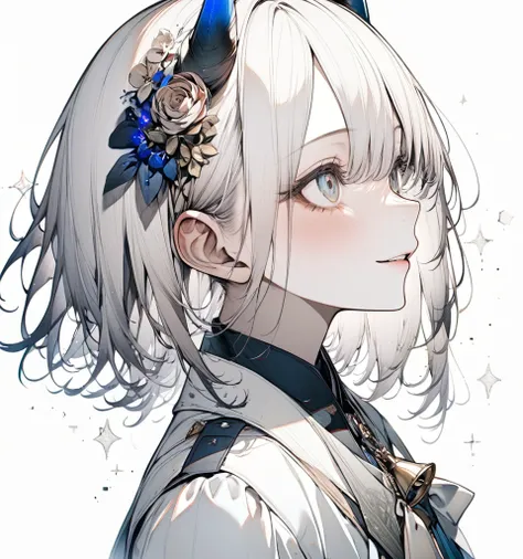 1girl, hito komoru, lineart,
blush, simple background, solo, hair ornament, white background, from side, parted lips, glint, blue eyes, grey hair, profile, light smile, medium hair, portrait, flower, bell, horns, looking up, hair flower, eyelashes, cropped...