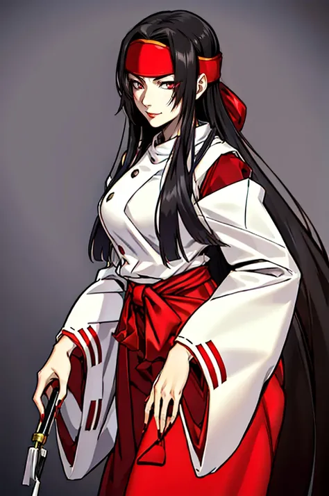 (cowboy shot:1.4), smug, 
mizuki, 1girl, white japanese clothes, solo, mature, miko, Dark Red eyes, (headband:1.2), red lip, makeup, very long hair, black hair, red hakama, wide sleeves, very Long red Nails, parted bangs,
masterpiece,high quality,ultra hig...