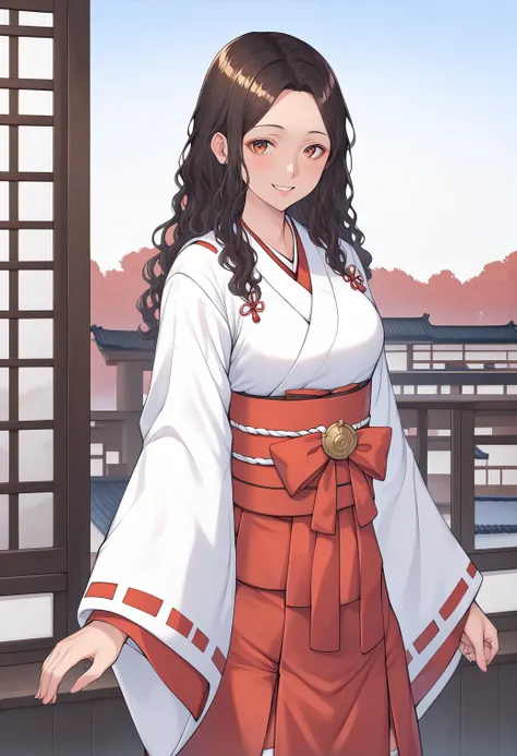 1girl, solo, upper body, (outdoors:1.2), japan, sky, window, smile, 
motoki_sanae, brown eyes, black hair, long hair, wavy hair, japanese miko clothes, wide sleeves, miko, hakama short skirt, red hakama, red skirt, white thighhighs, <lora:motoki_sanae_pony...