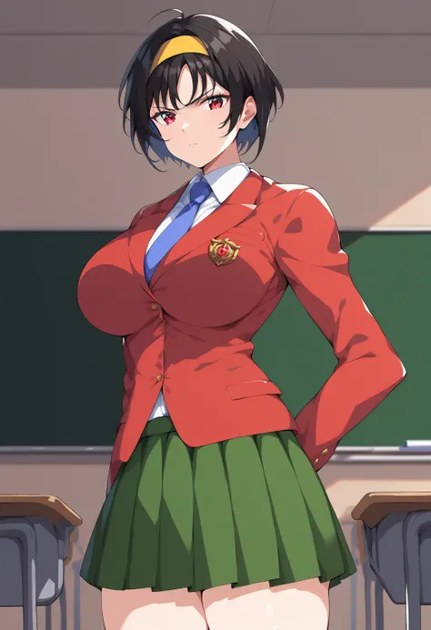 1girl, large breasts, serious, (classroom:1.4), cowboy shot
ryoko, red eyes, short hair, black hair, breasts, yellow hairband, blue necktie, red blazer, school uniform, collared shirt, green skirt, <lora:hayami_ryoko_pony_ver1:0.8>, score_9, score_8_up, sc...