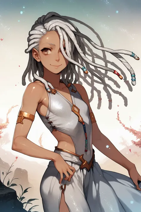 score_9, score_8_up, score_7_up, 1girl, air quotes, cheeky smile, silver hair, hair over one eye, dreadlocks, beige eyes, flat chest, silver clothes, glitter particles, outdoors <lora:noco_(adamas)_PonyXL_style_v02:1>