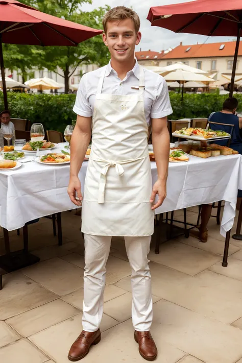 busy bistro cafe, busy restaurant, outdoor cafe table in Prague,  beautiful partly cloudy day, freckles, LiamPhoenix is a happy waiter, wearing white dress shirt, tan pants, dress shoes, (waiters apron), ((holding serving tray with plates of food)), smilin...