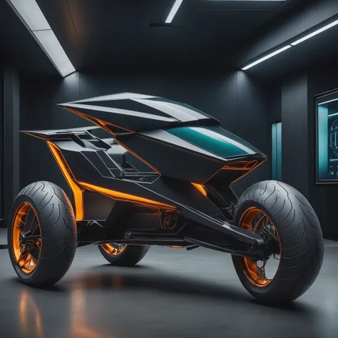 luxury product style photo focus on close-up, editorial photograph of  a (concept motorbike:1.4)  from side, spaceship corridor, charging station technoir style screens, glowing, mechanical parts, screen, black theme, darksilver brown bronze translucent sm...