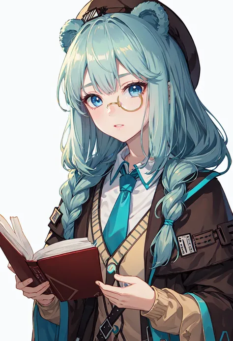 best quality, masterpiece, highres, solo, (istina_arknights:1.10), 1girl, monocle, white shirt, star (symbol), brown jacket, upper body, collared shirt, holding book, looking at viewer, blue necktie, simple background, closed mouth, long sleeves, white bac...