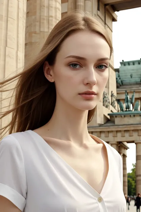 European woman, closeup, sandals, (shirt), pants, (brandenburg gate), ZM_konstandina, wide shoulders, perfect face, (contact iris: 1.1), pale skin, skin pores , depth of field