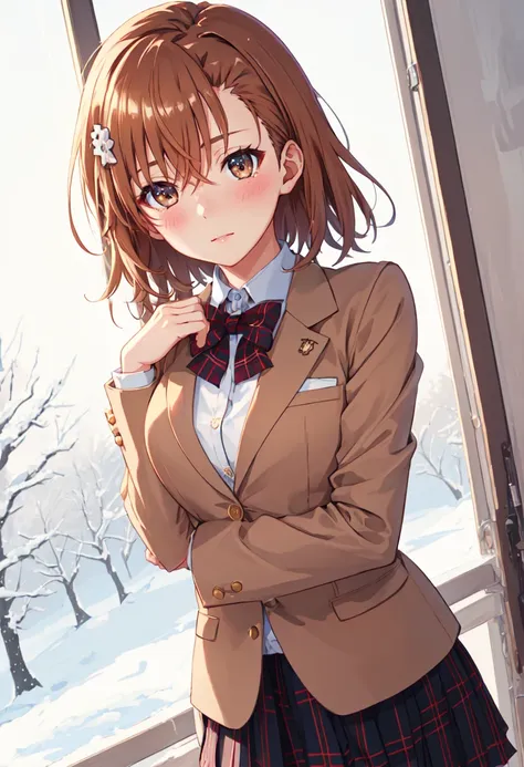 best quality, masterpiece, highres, solo, (misaka_mikoto_bluearchive:1.10), 1girl, hairpin, tokiwadai school uniform, blazer, winter uniform, plaid skirt, blush, bow, coin, 7 <lora:misaka_mikoto_bluearchive:0.80>