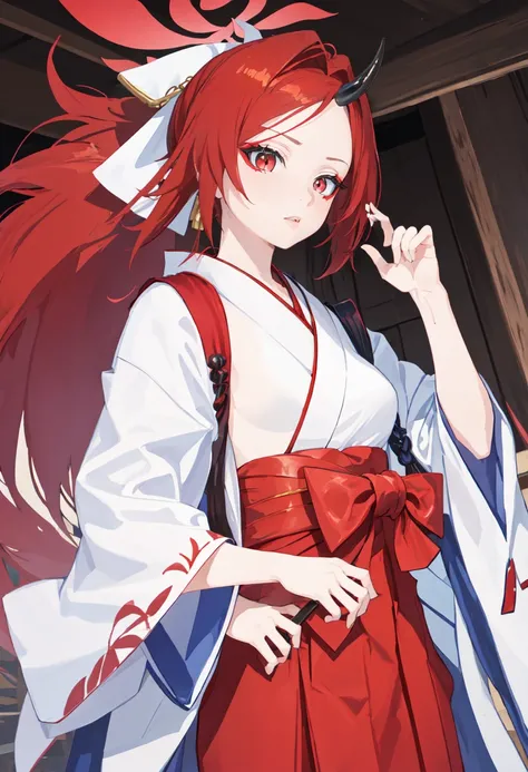 best quality, masterpiece, highres, solo, (renge_bluearchive:1.10), (white kimono:1.35), (red hakama:1.35), (wide sleeves:1.20), 16 <lora:renge_bluearchive:0.80>