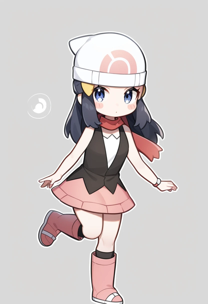 masterpiece,best quality,very aesthetic,absurdres,<lora:dawn_(pokemon)_v3:1>,beanie, sidelocks, white_hat, red_scarf, blush_stickers, 1girl, solo, poke_ball_symbol, hairclip, black_shirt, transparent_background, pink_footwear, leg_up, boots, looking_at_vie...