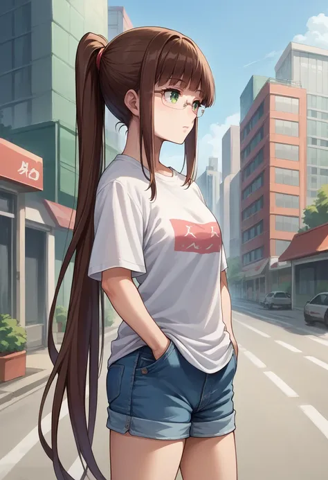 score_9, score_8_up, source_anime, 1girl, RuriMiyamoto, brown hair, bangs, very long hair, ponytail, green eyes, glasses, t-shirt, denim shorts, standing, outdoors, city, hands in pockets, <lora:ChamRuriMiyamotoPonyXL:1>