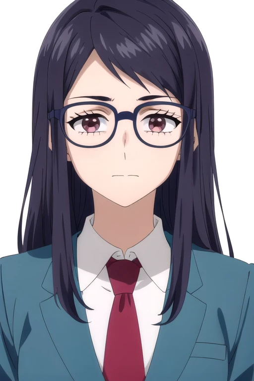 solo, 1girl, looking at viewer, 2D, anime, anime coloring, upper body, (solid white background:1.3), <lora:chizuru-tarumono:0.8>, chizuru nakamura, glasses, school uniform, closed mouth